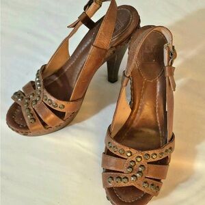 Frye Tan Leather Heels with Studded Accents
